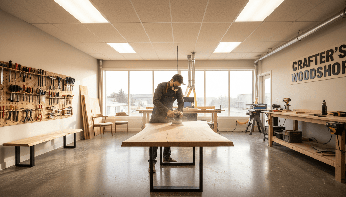 Woodworker hand-sanding a custom cabinet in a workshop with natural light