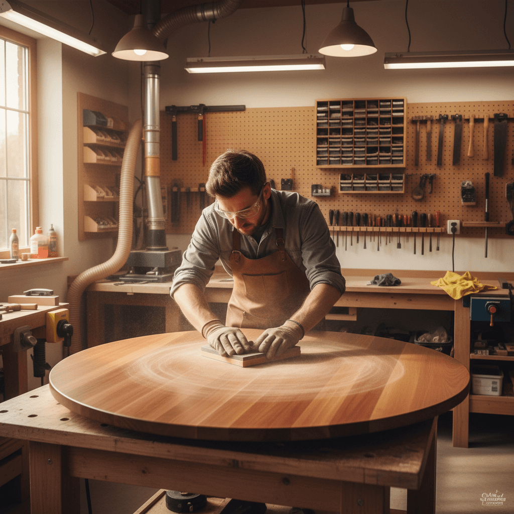 Craftsperson sanding a tabletop by hand in a clean workshop