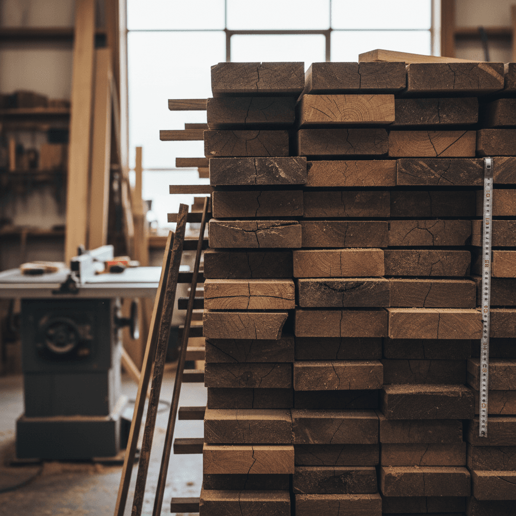 close-up of a stack of rough-sawn walnut and cherry lumber boards in a woodshop