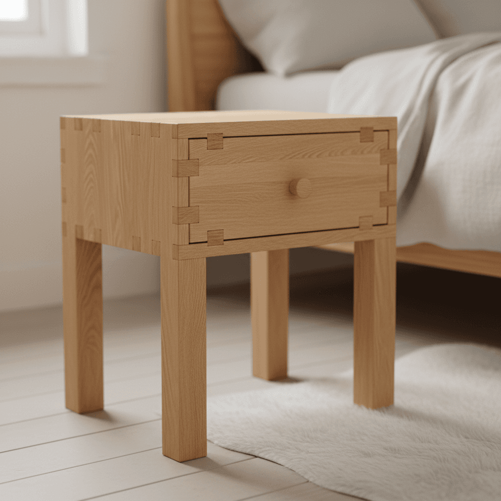 Nightstand with visible dovetail joints and a single drawer