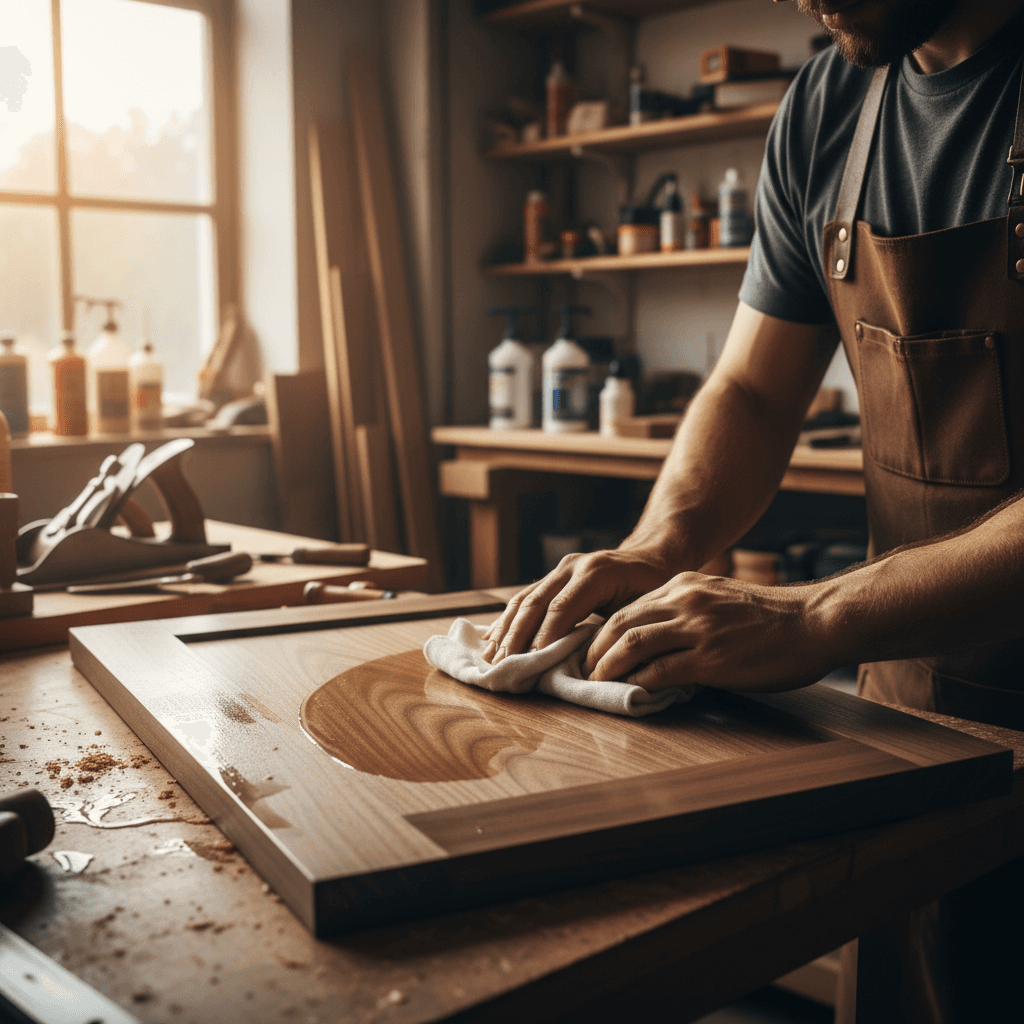 woodworker hand-applying a clear oil finish to a wooden cabinet door with a cloth in a workshop