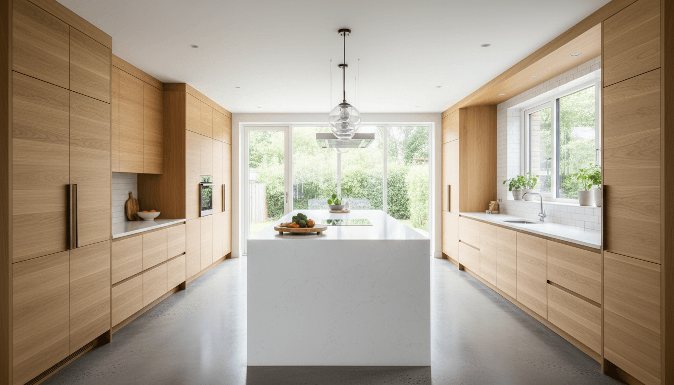 Custom wooden kitchen cabinets installed in a bright kitchen