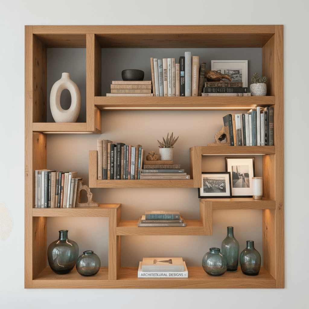 Built-in bookshelf fitted to a wall alcove with mixed shelf spacing