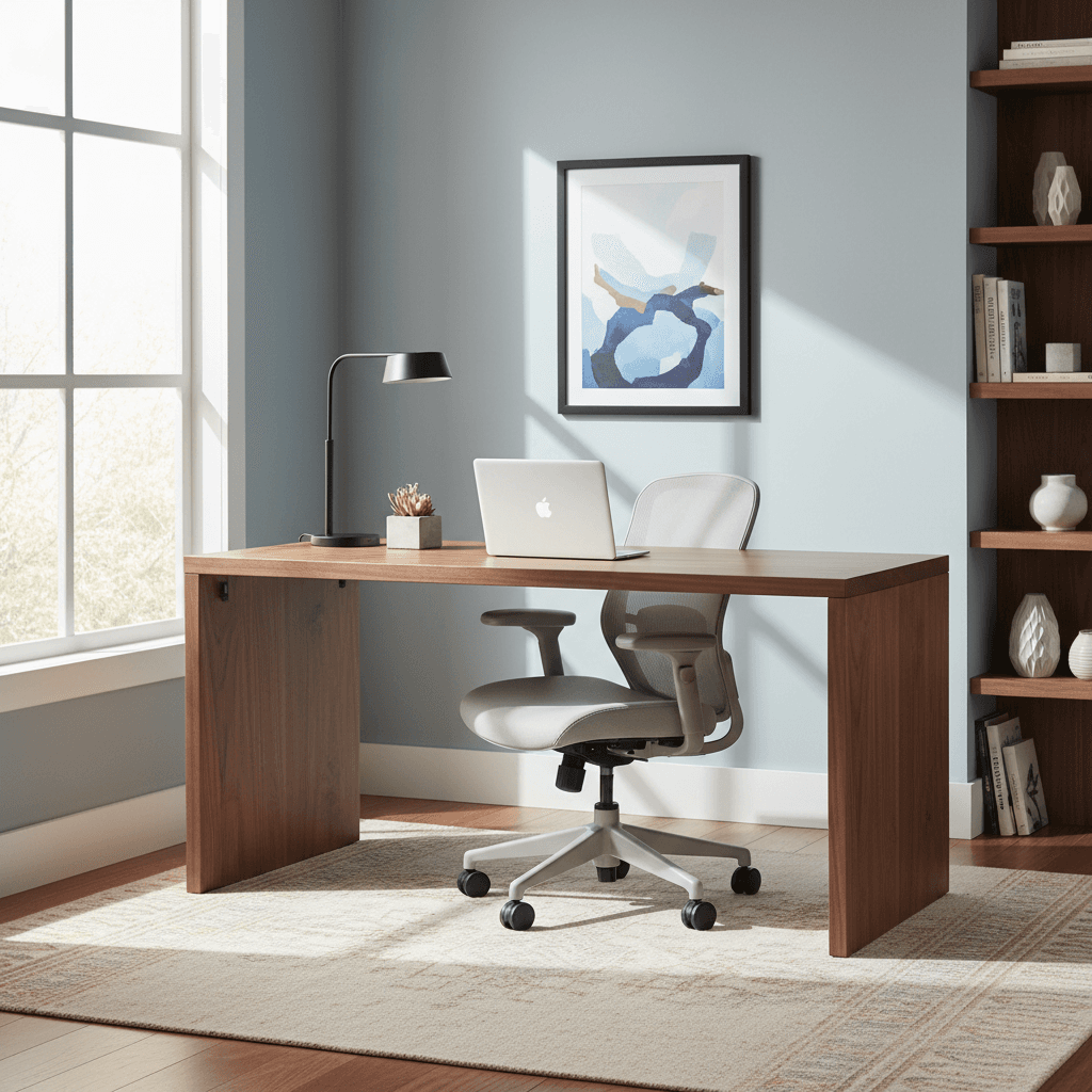 Walnut desk with clean modern lines in a home office