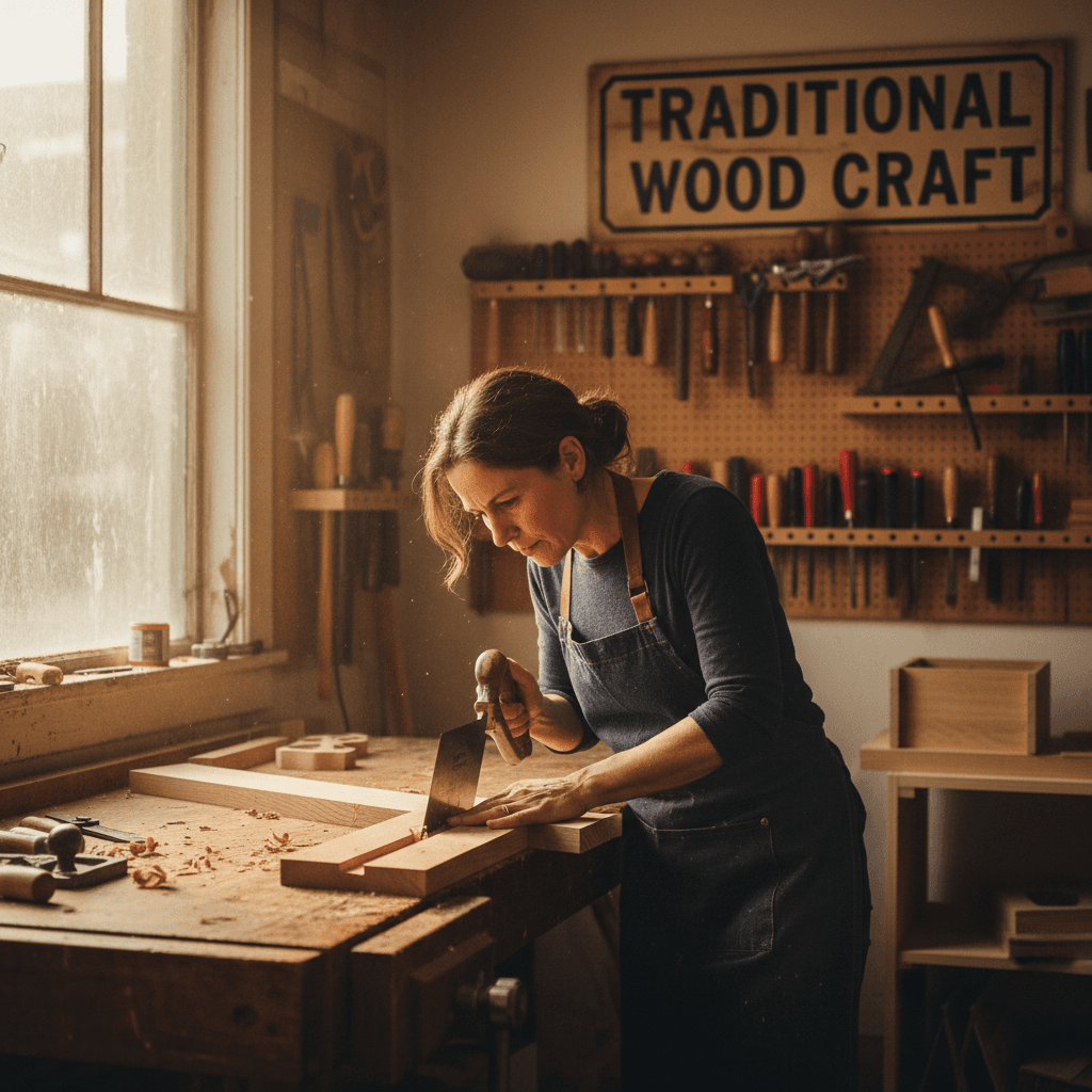 skilled woodworker hand-cutting a dovetail joint on a workbench in a woodshop with natural light and hand tools