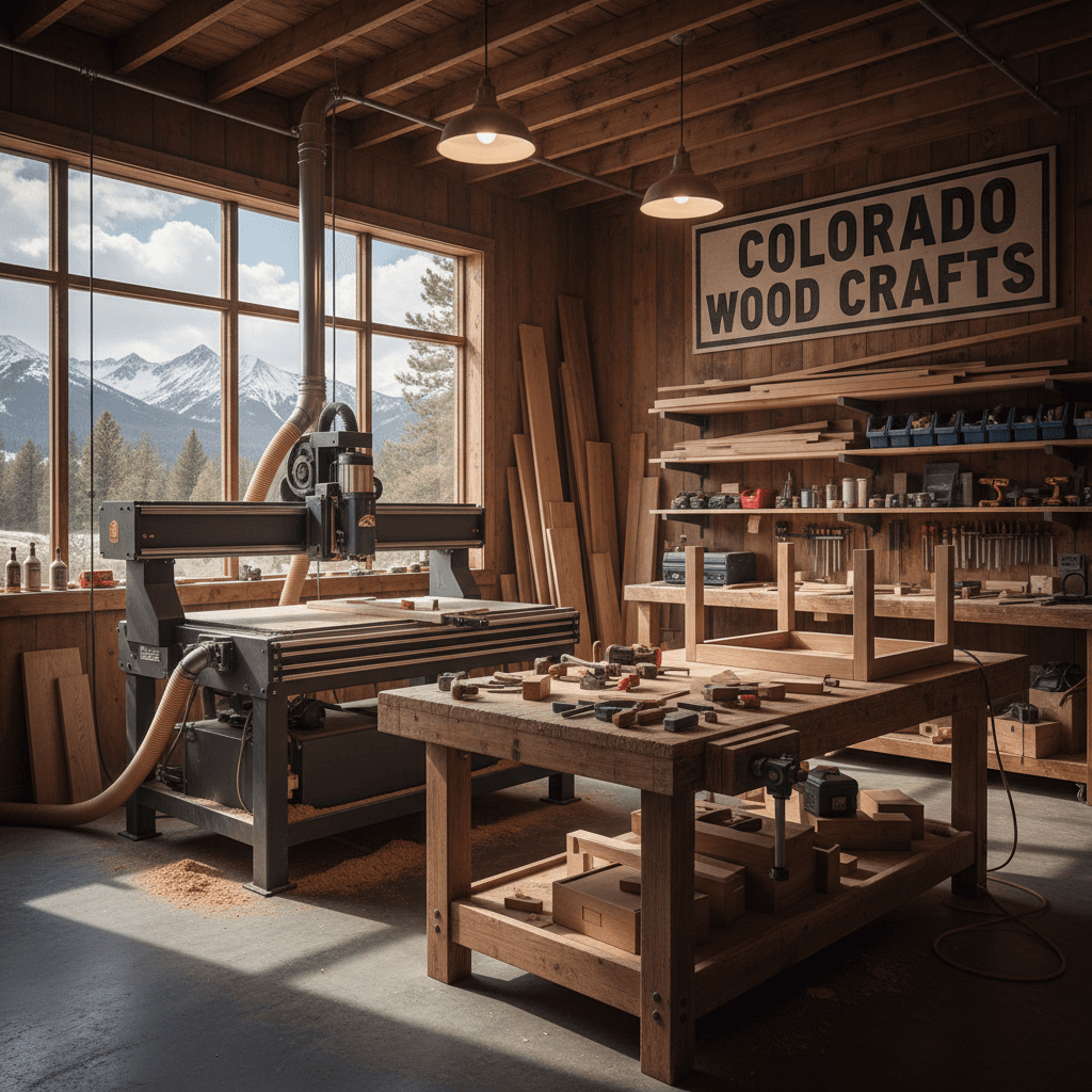 interior of a large woodshop with a CNC router and a workbench in a Colorado setting