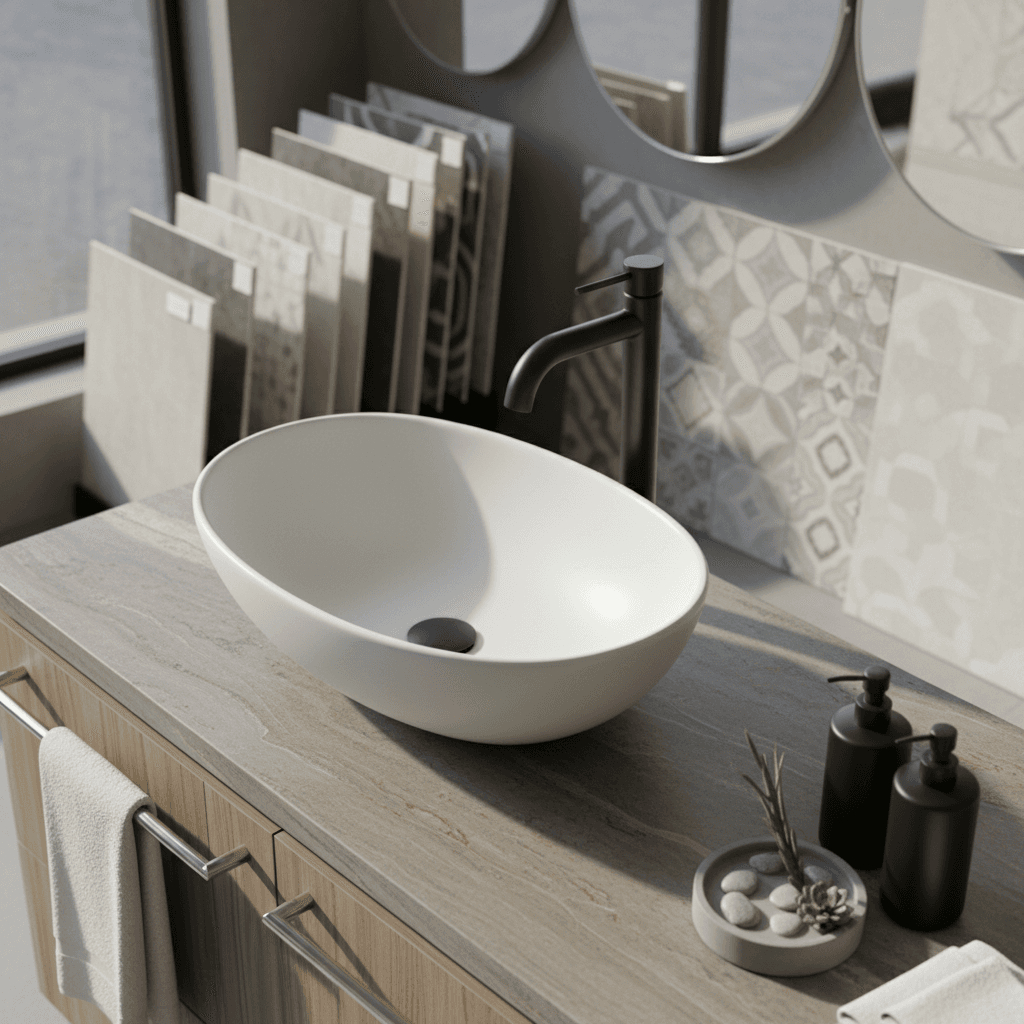 Solid pine bathroom vanity with ceramic sink