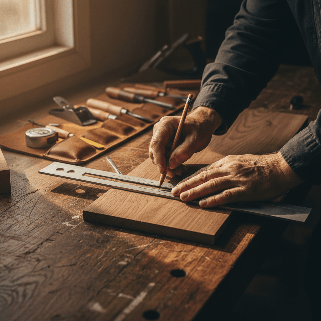 Woodworker measuring and marking a walnut board in the shop