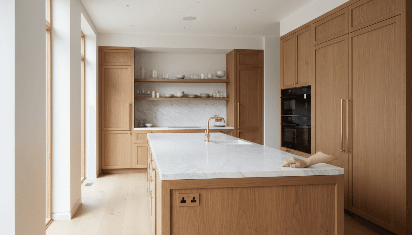 Finished custom kitchen with wooden cabinets in a mountain home