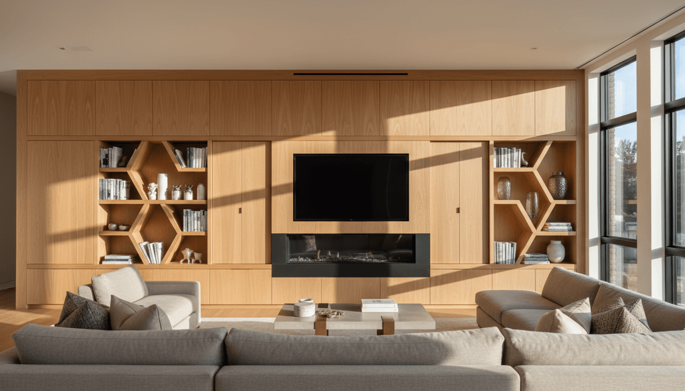 Built-in oak bookshelf and cabinetry for a home office