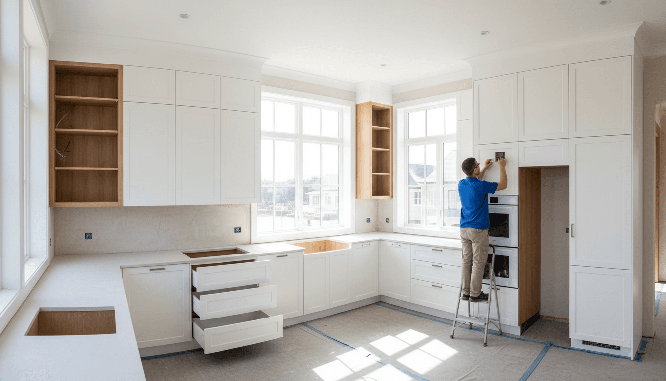 Custom cabinets being installed with precision fit in a modern kitchen