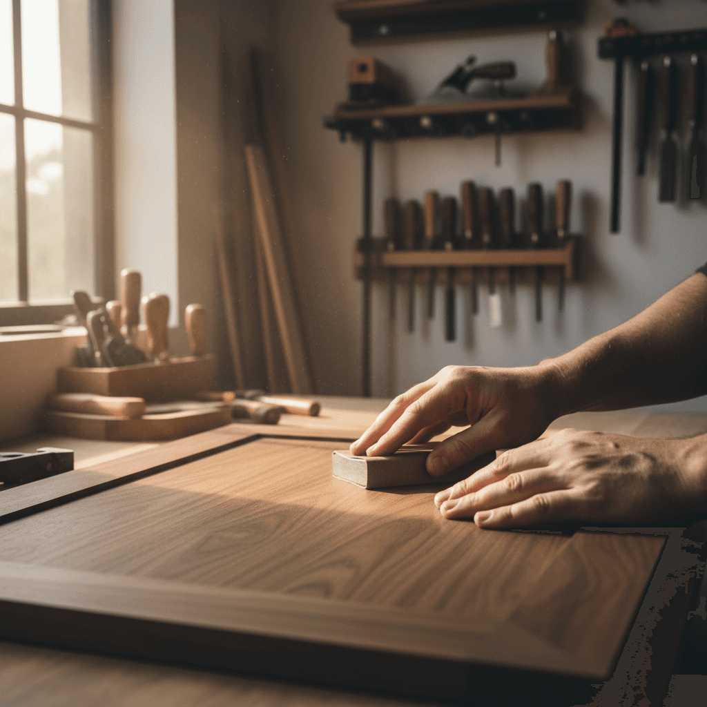 Hand-sanding a cabinet door to a smooth finish