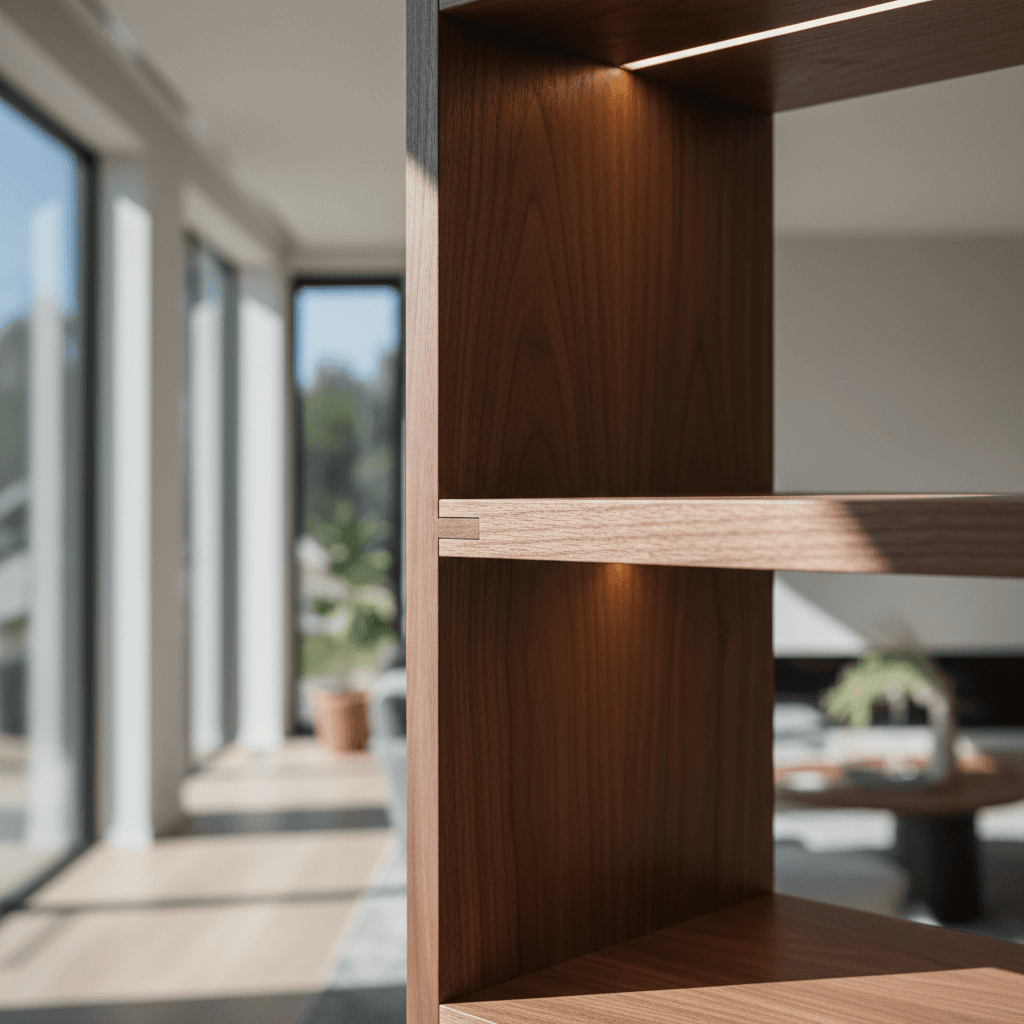 Shop-made hardwood bookshelf with exposed joinery fitted into a home office corner
