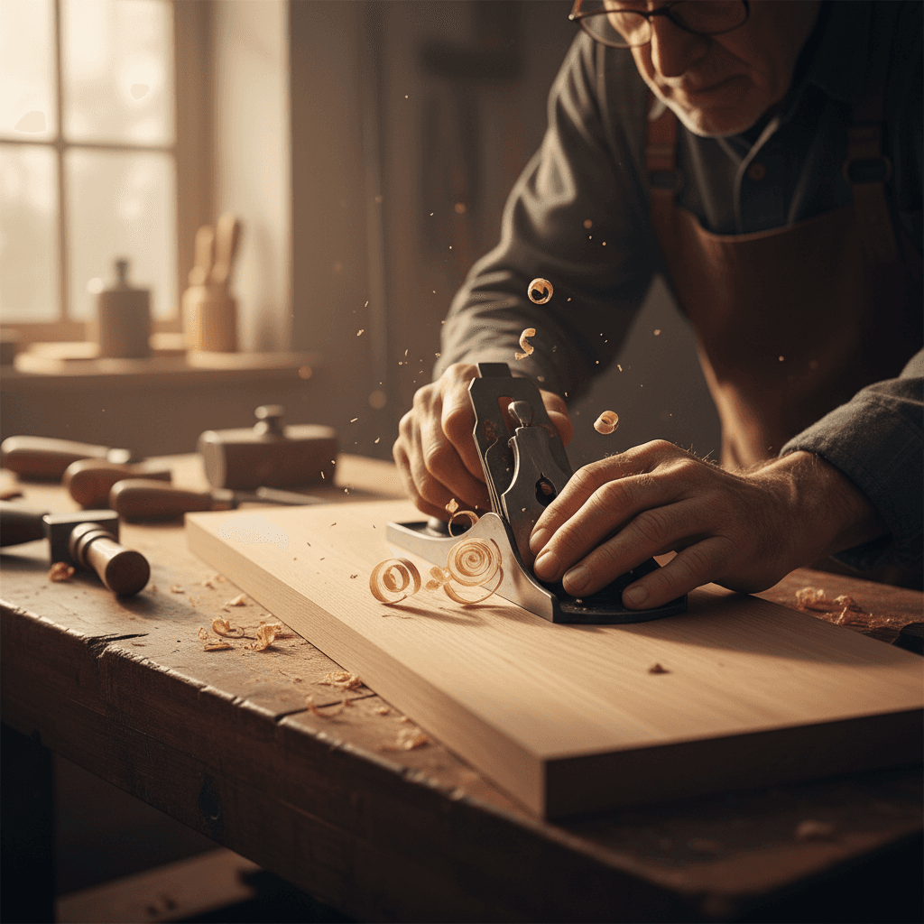 Woodworker selecting boards by grain in a well-lit shop