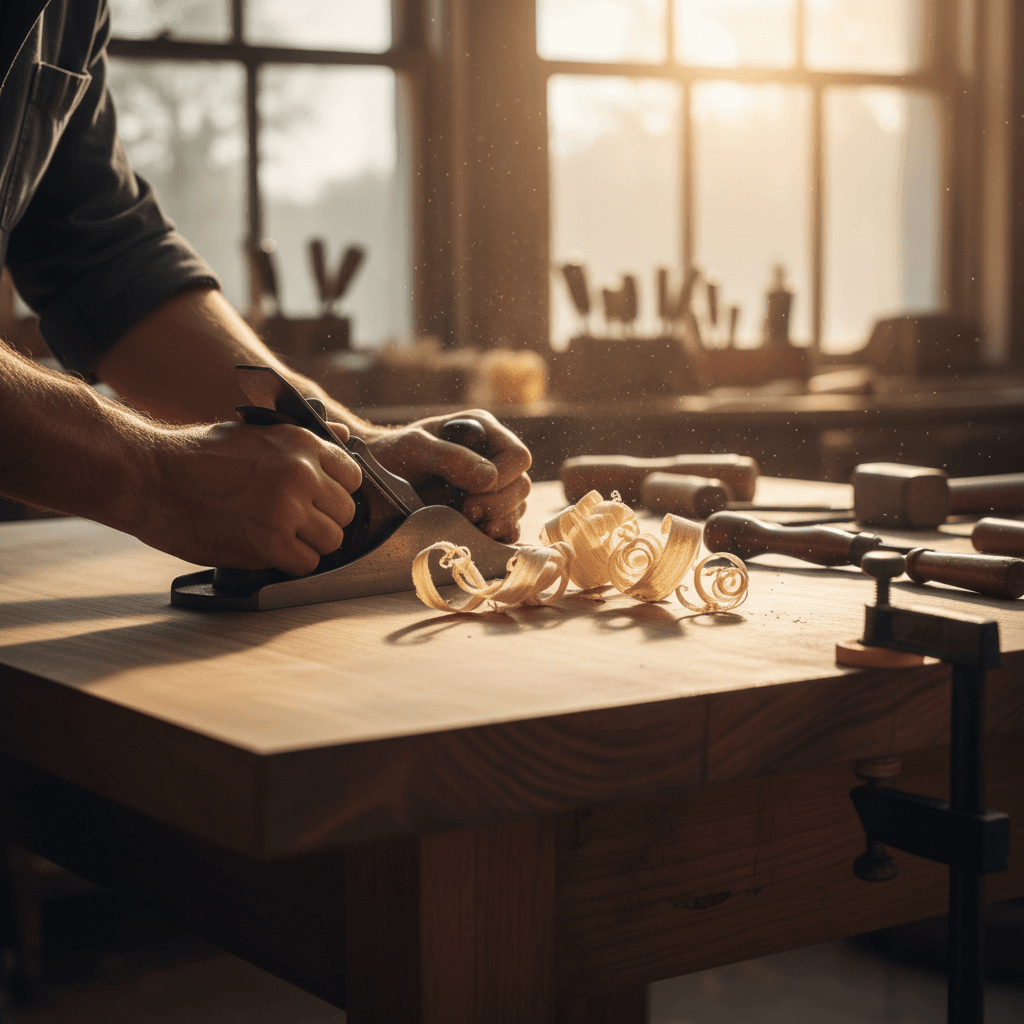 Interior of a clean, organized woodworking shop with a table saw and a craftsman in the background.
