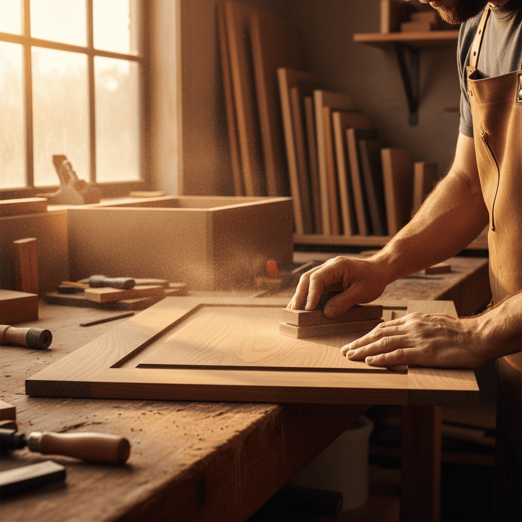 Hand-sanding a cabinet door in our shop