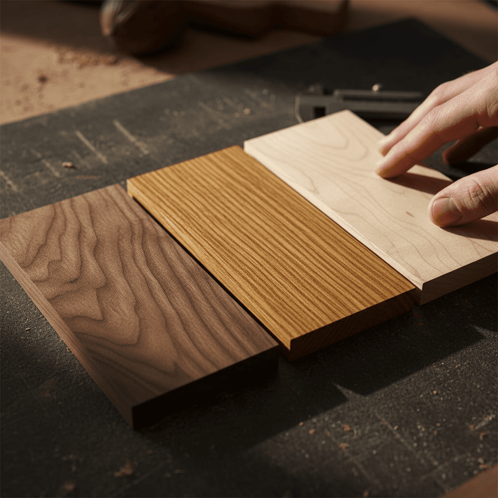 Sample boards of walnut, maple, and cherry showing wood grain
