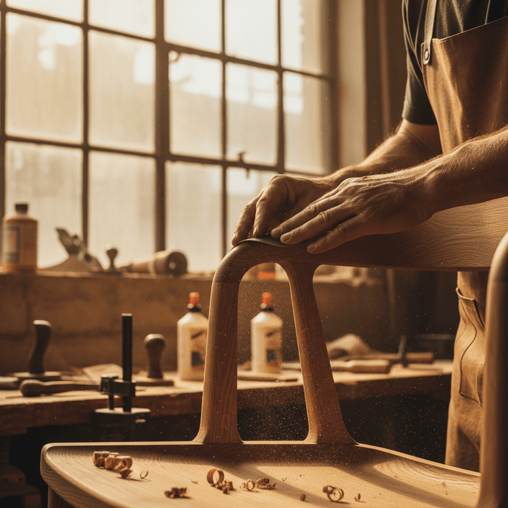 Cabinetmaker hand-sanding a solid wood cabinet door in the workshop
