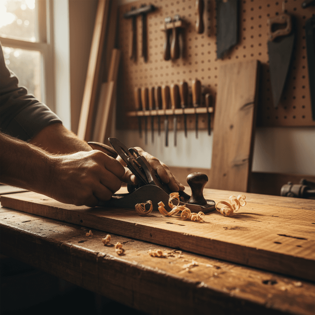 Craftsperson shaping a solid maple panel with a hand plane in the shop