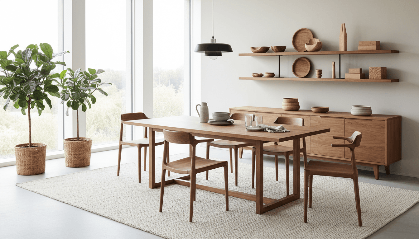 Solid wood dining table and bench set, hand-finished and installed in a dining room